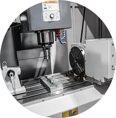 Vertical machining centre with a part fixtured on the bed